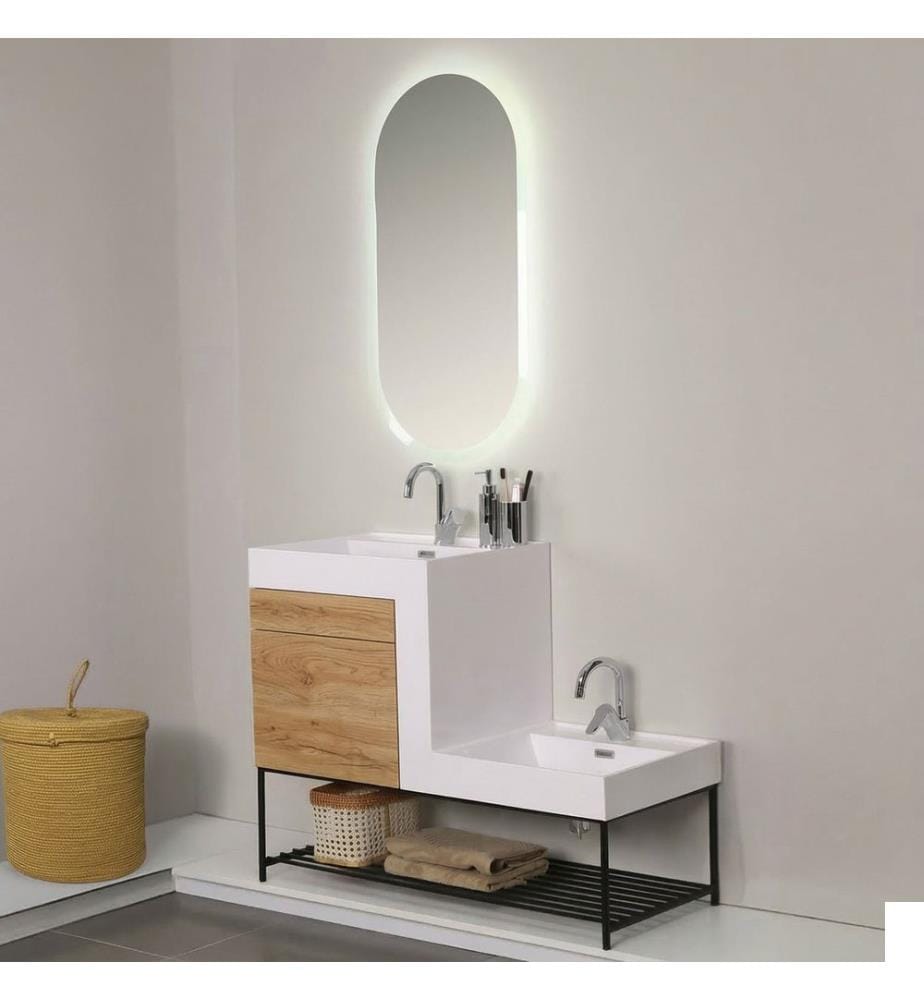 Ensemble meuble de salle de bain avec lavabo et miroir 2 pièces noyer clair 100 % panneaux de particules recouverts de mélamine
