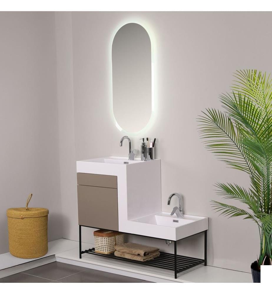 Ensemble meuble de salle de bain avec lavabo et miroir 2 pièces couleur latte panneau de particules 100 % recouvert de mélamine