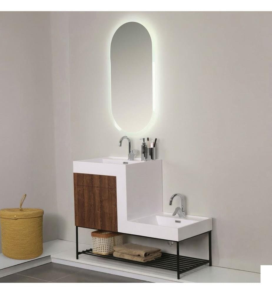 Ensemble meuble de salle de bain avec lavabo et miroir 2 pièces noyer foncé panneaux de particules 100 % mélaminés