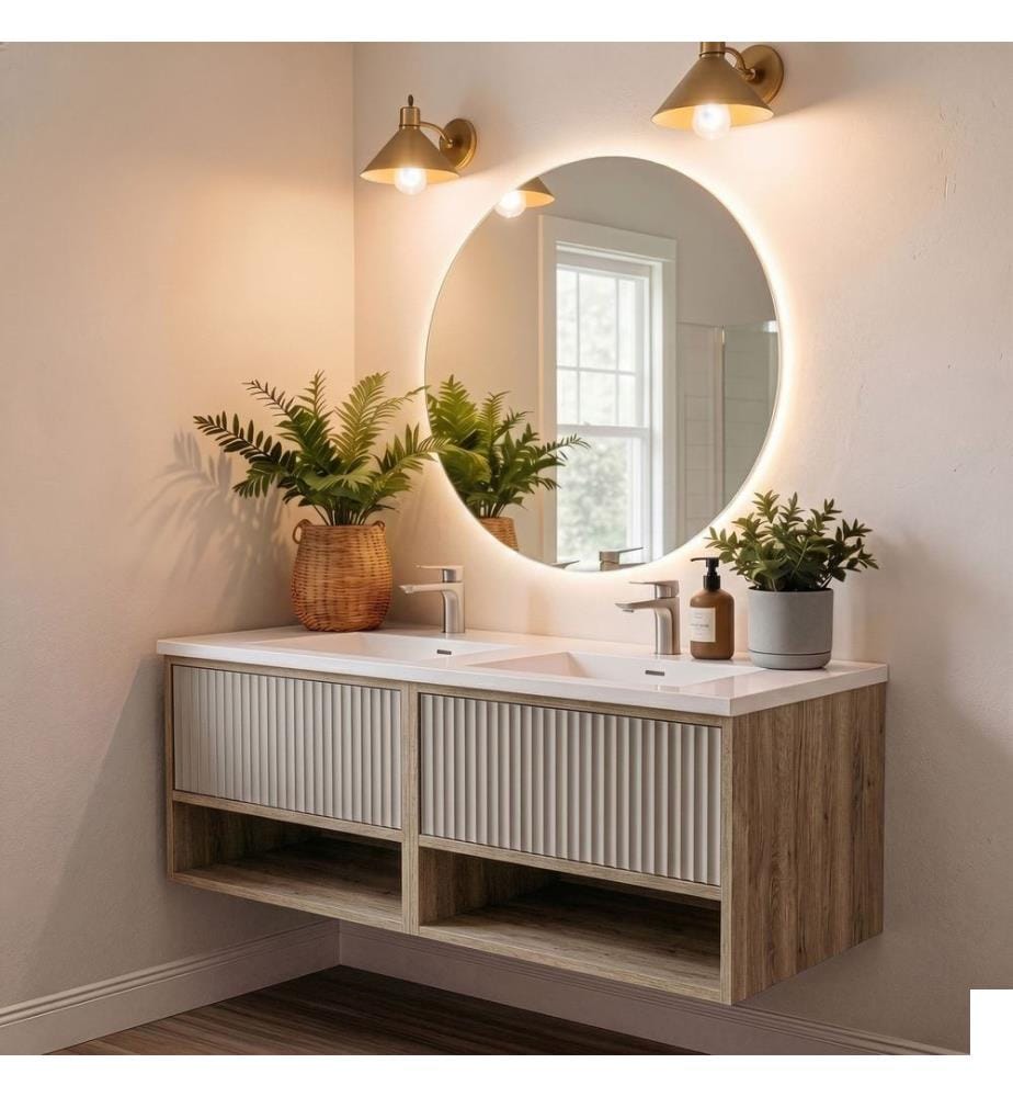 Ensemble meuble de salle de bain avec lavabo et miroir 2 pièces noyer clair Luna CARCASS 100% PANNEAU DE PARTICULES REVÊTU DE MÉLAME