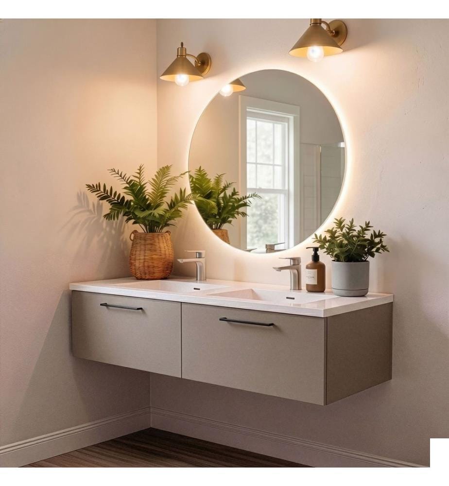 Ensemble meuble de salle de bain avec lavabo et miroir 2 pièces gris pierre 100 % panneaux de particules recouverts de mélamine