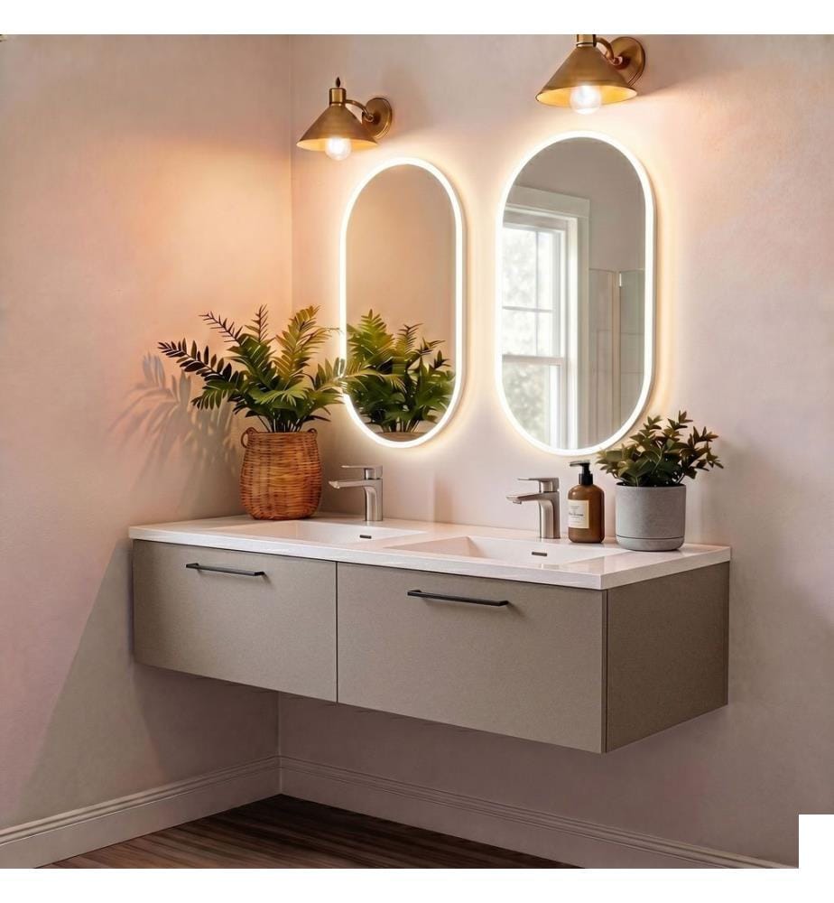 Ensemble meuble de salle de bain avec lavabo et miroir 2 pièces gris pierre 100 % MDF doux au toucher