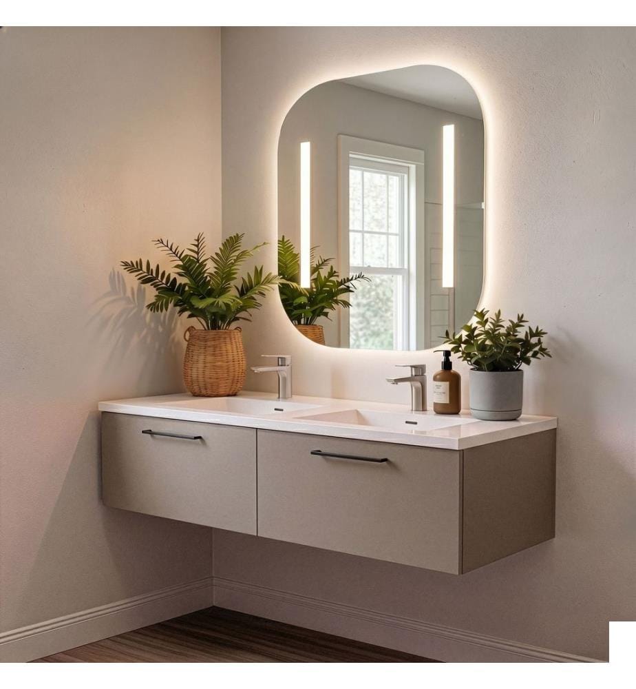 Ensemble meuble de salle de bain avec lavabo et miroir 2 pièces gris pierre 100 % panneaux de particules recouverts de mélamine