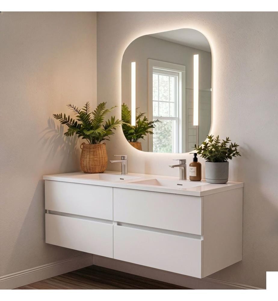 Ensemble meuble de salle de bain avec lavabo et miroir 2 pièces blanc panneau de particules 100 % recouvert de mélamine