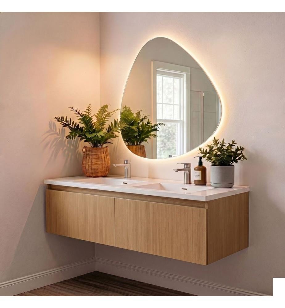 Ensemble meuble de salle de bain avec lavabo et miroir 2 pièces noyer clair 100 % panneaux de particules recouverts de mélamine