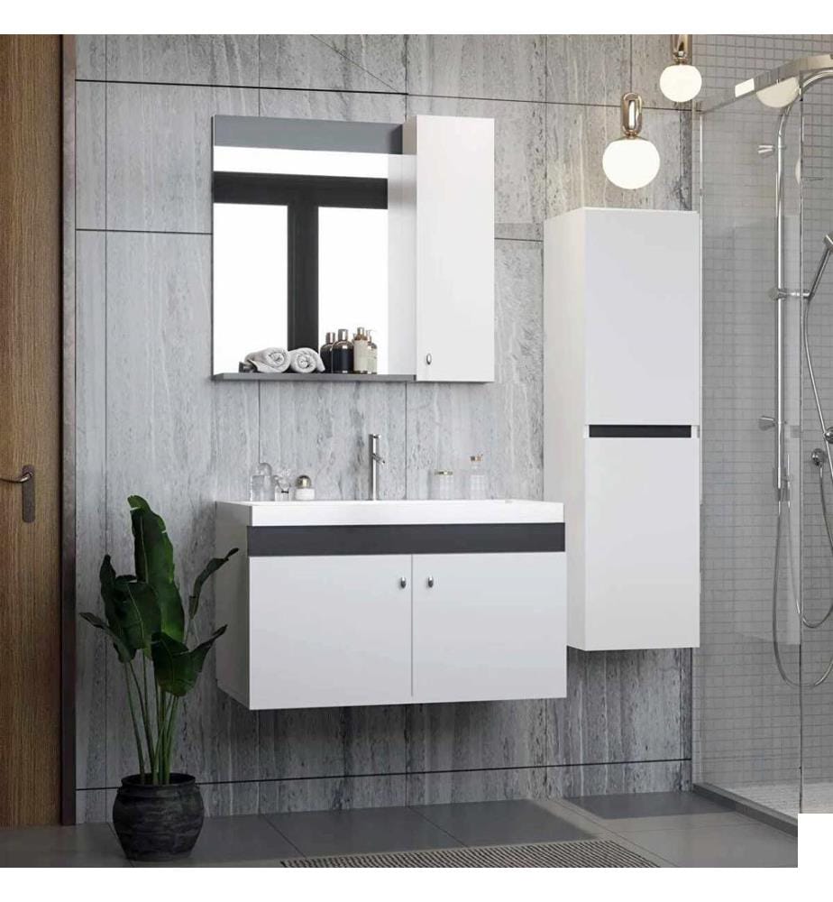 Ensemble meuble de salle de bain avec lavabo et miroir 3 pièces blanc panneau de particules 100 % recouvert de mélamine