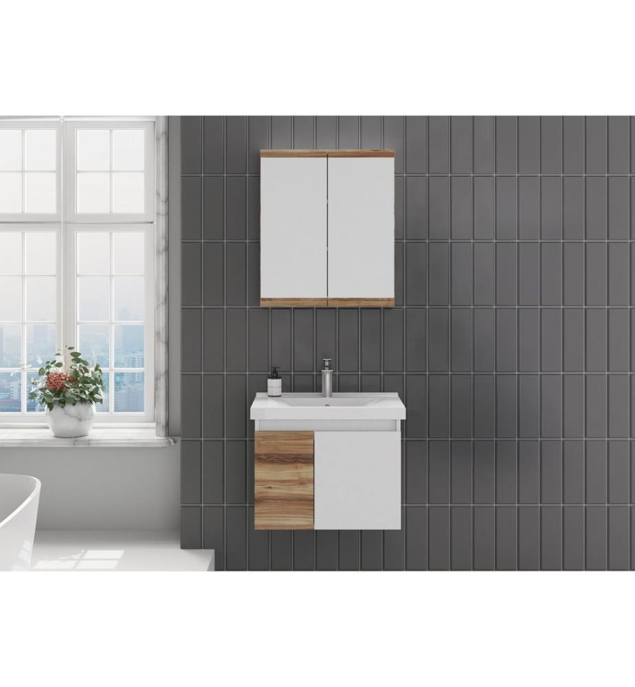 Ensemble meuble de salle de bain avec lavabo et miroir 2 pièces pin blanc panneau de particules 100 % recouvert de PVC