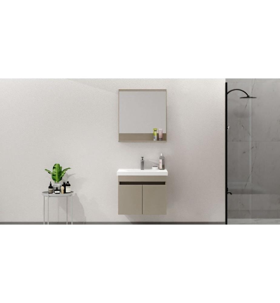 Ensemble meuble de salle de bain avec lavabo et miroir 2 pièces couleur latte panneau de particules 100 % recouvert de PVC