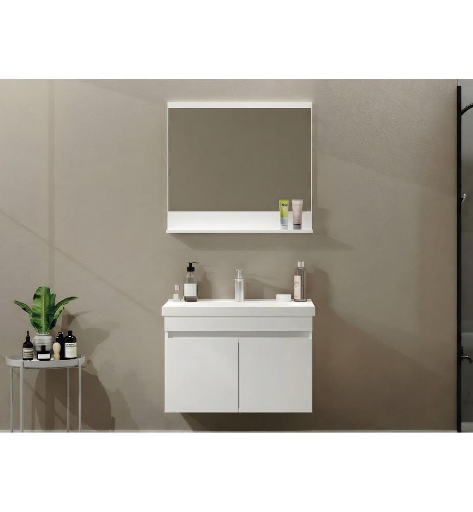 Ensemble meuble de salle de bain avec lavabo et miroir 2 pièces blanc mat panneau de particules 100 % recouvert de PVC
