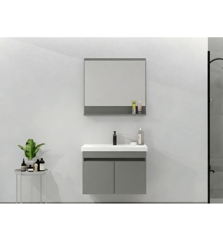 Ensemble meuble de salle de bain avec lavabo et miroir 2 pièces gris mat panneau de particules 100 % recouvert de PVC