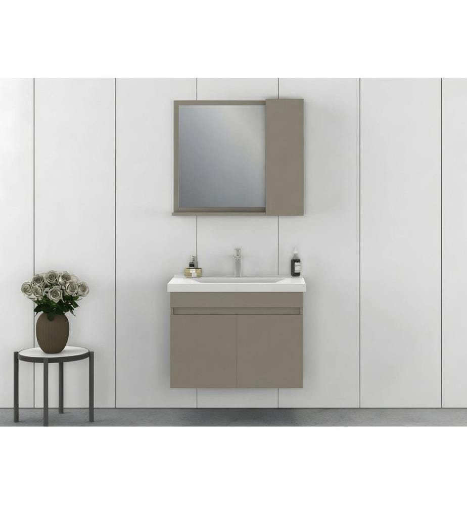 Ensemble meuble de salle de bain avec lavabo et miroir 2 pièces couleur latte panneau de particules 100 % recouvert de PVC