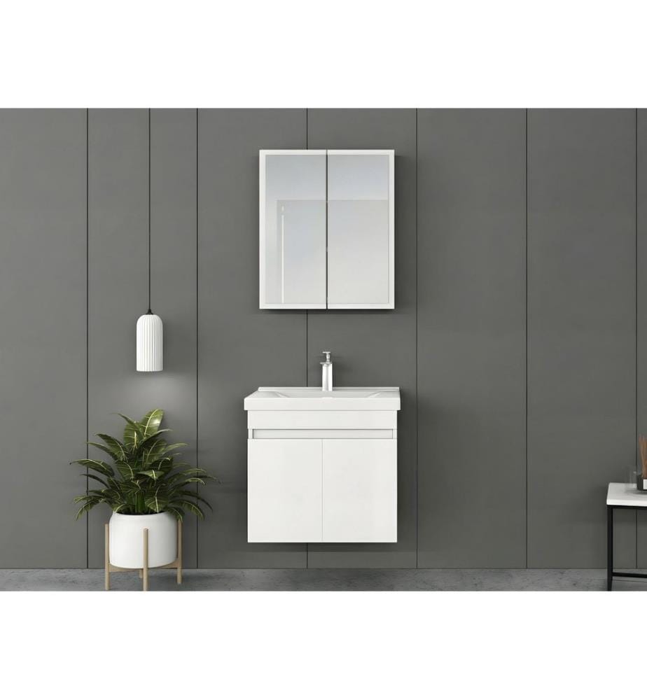 Ensemble meuble de salle de bain avec lavabo et miroir 2 pièces blanc mat panneau de particules 100 % recouvert de PVC