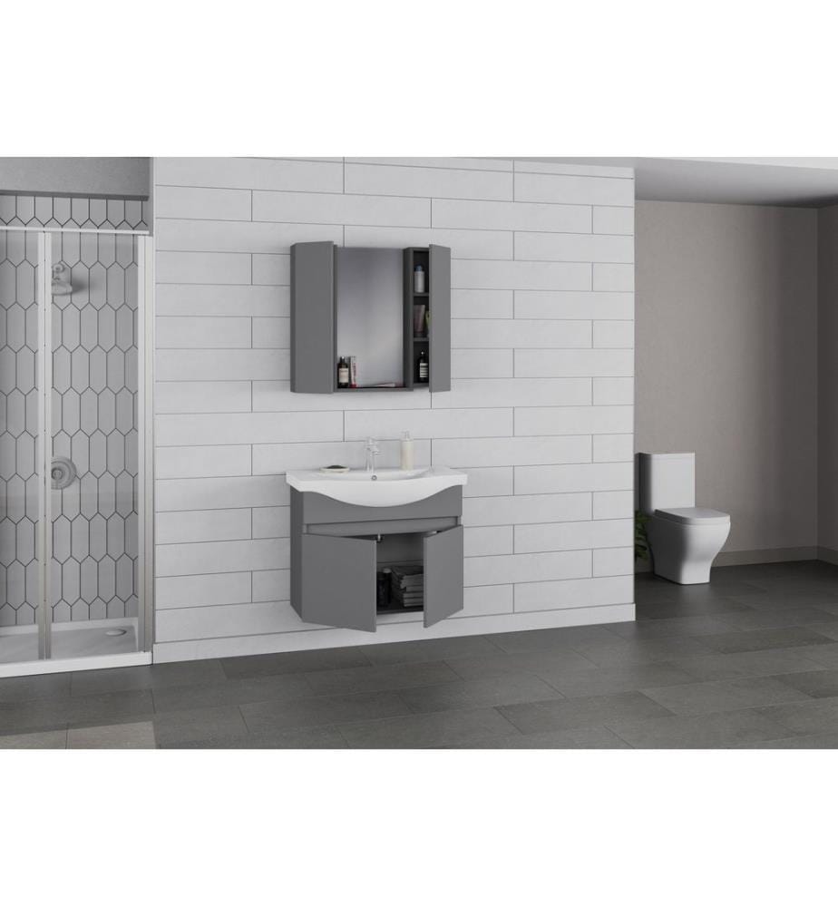 Ensemble meuble de salle de bain avec lavabo et miroir 2 pièces gris mat panneau de particules 100 % recouvert de PVC