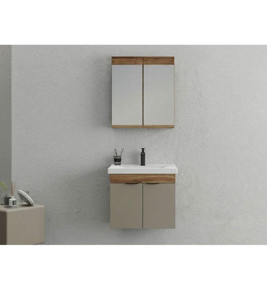 Ensemble meuble de salle de bain avec lavabo et miroir 2 pièces pin latte panneau de particules 100 % recouvert de PVC