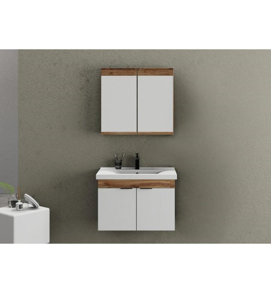 Ensemble meuble de salle de bain avec lavabo et miroir 2 pièces pin blanc mat panneau de particules 100 % recouvert de PVC