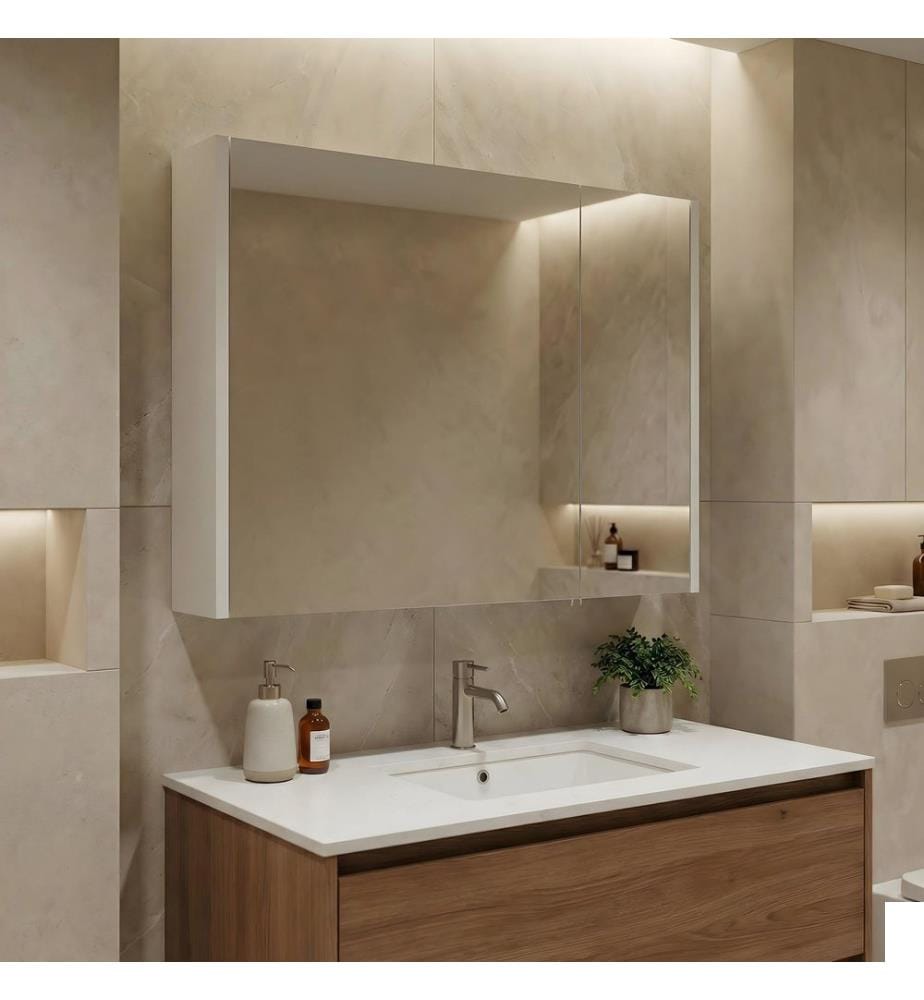 Meuble de salle de bain avec miroir blanc MDF PET 100 % brillant