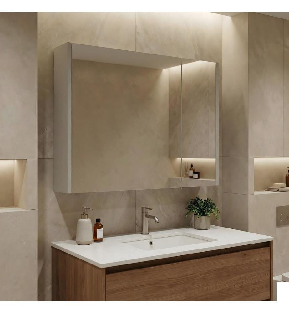 Meuble de salle de bain avec miroir coloris cachemire MDF PET 100 % brillant