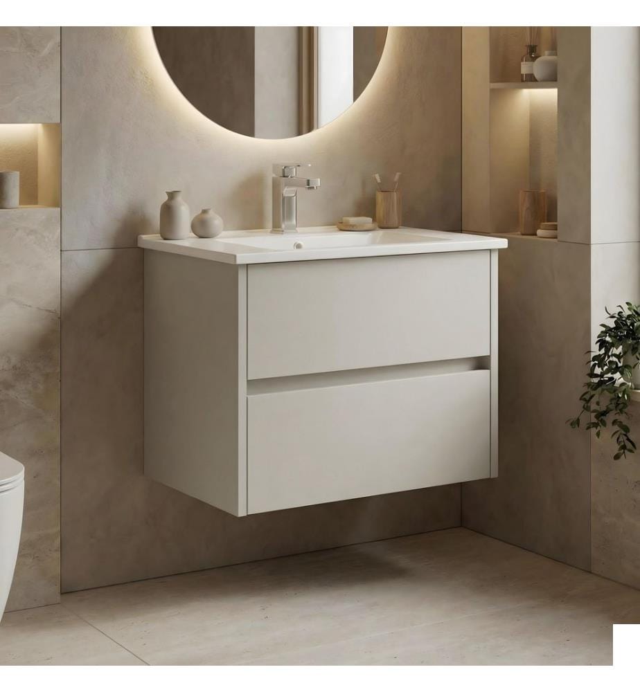 Meuble de salle de bain avec lavabo coloris cachemire MDF 100 % PET brillant