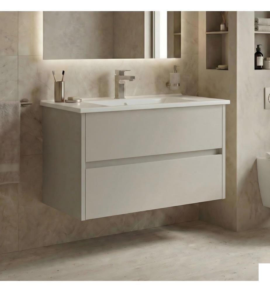 Meuble de salle de bain avec lavabo coloris cachemire MDF 100 % PET brillant