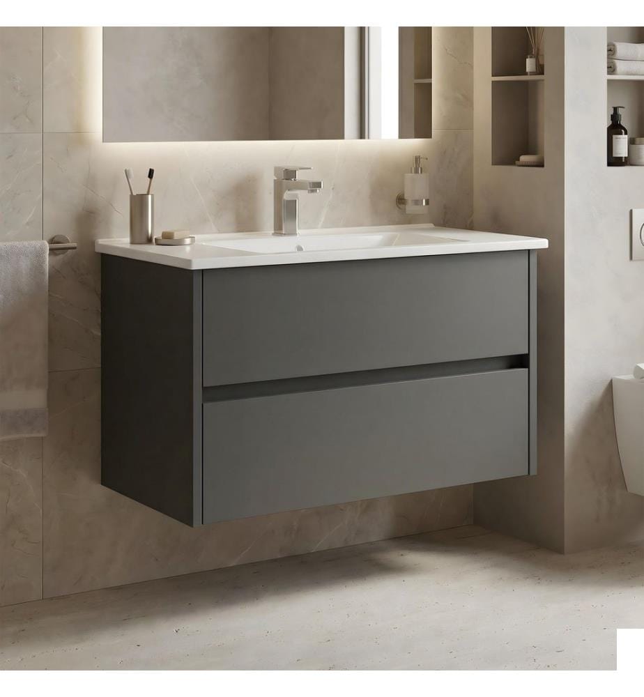 Meuble de salle de bain avec lavabo anthracite MDF PET 100 % brillant
