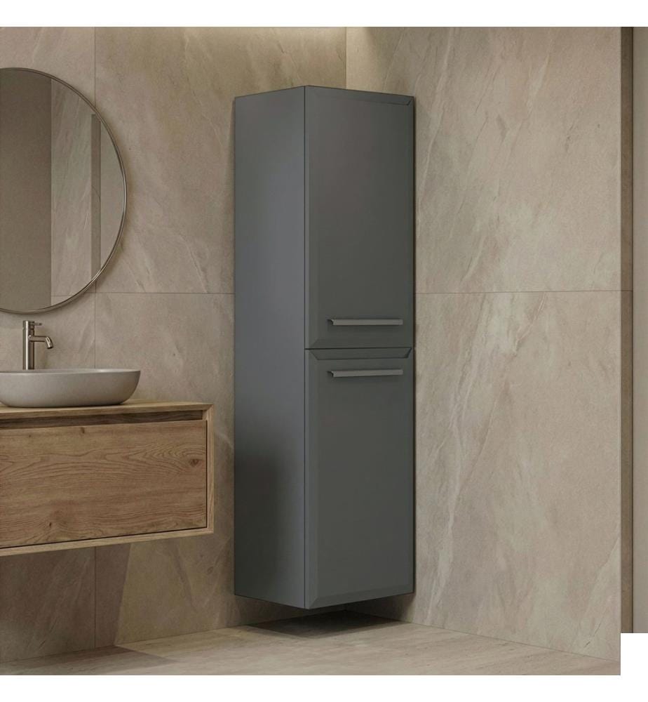Meuble de salle de bain gris MDF laqué brillant.