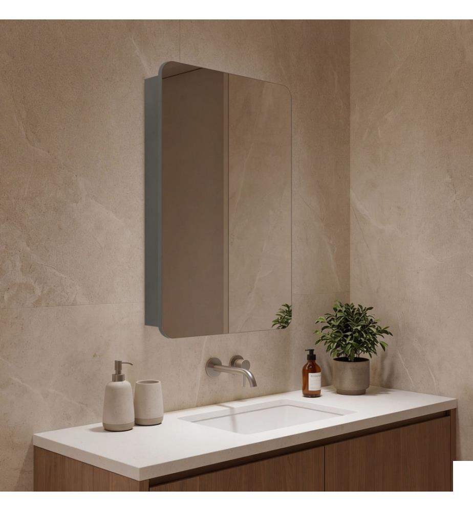 Meuble de salle de bain avec miroir gris MDF laqué brillant.