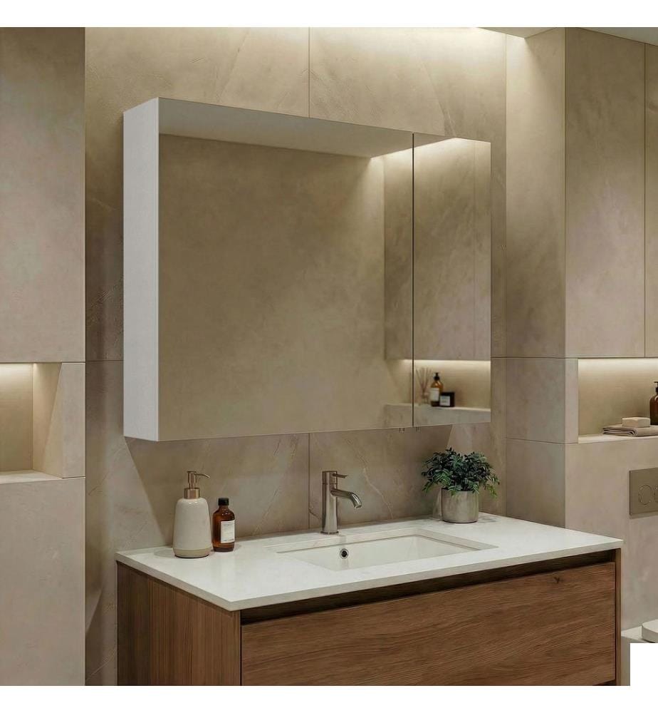 Meuble de salle de bain avec miroir blanc mat MDF 100 % recouvert de mélamine