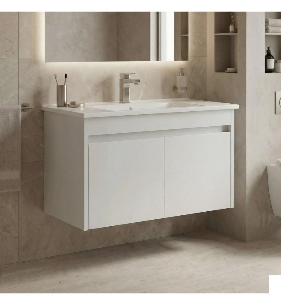 Meuble de salle de bain avec lavabo blanc mat MDF 100 % revêtu de mélamine