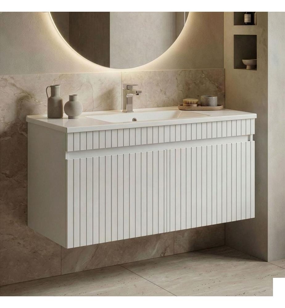 Meuble de salle de bain avec lavabo blanc mat MDF 100 % revêtu de thermomoulage