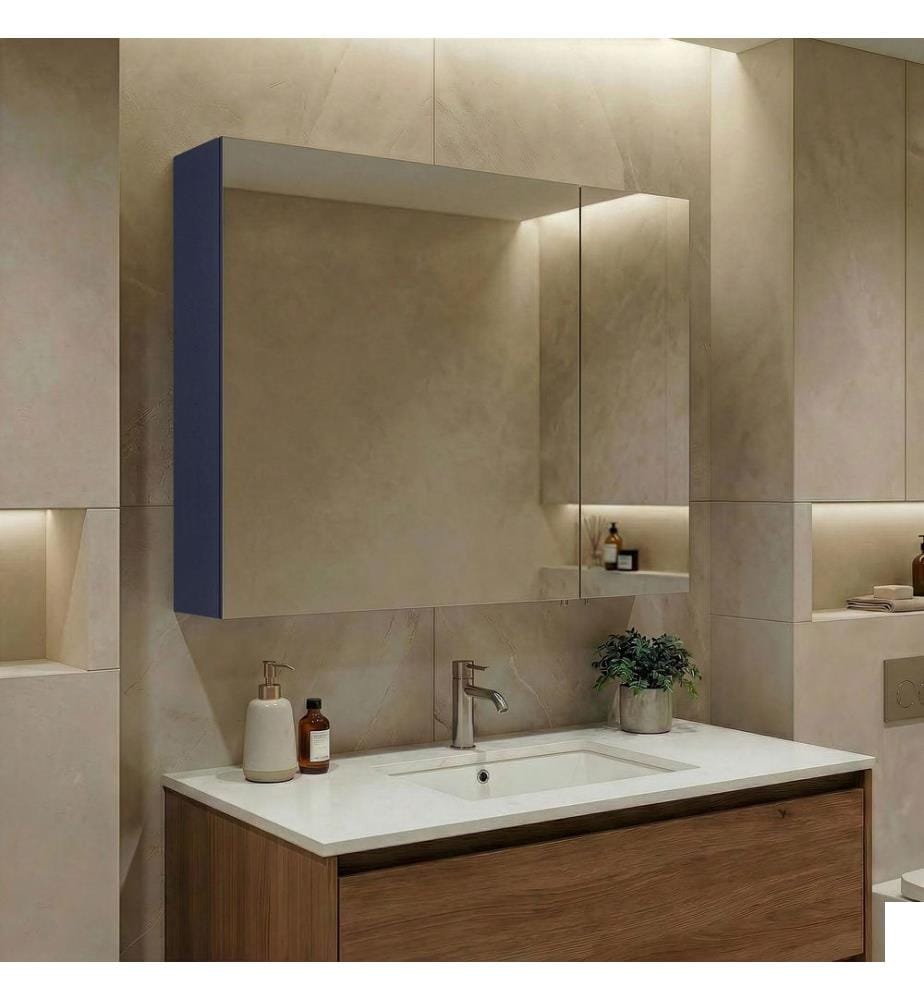 Meuble de salle de bain avec miroir bleu marine mat 100 % MDF revêtu de thermomoulage