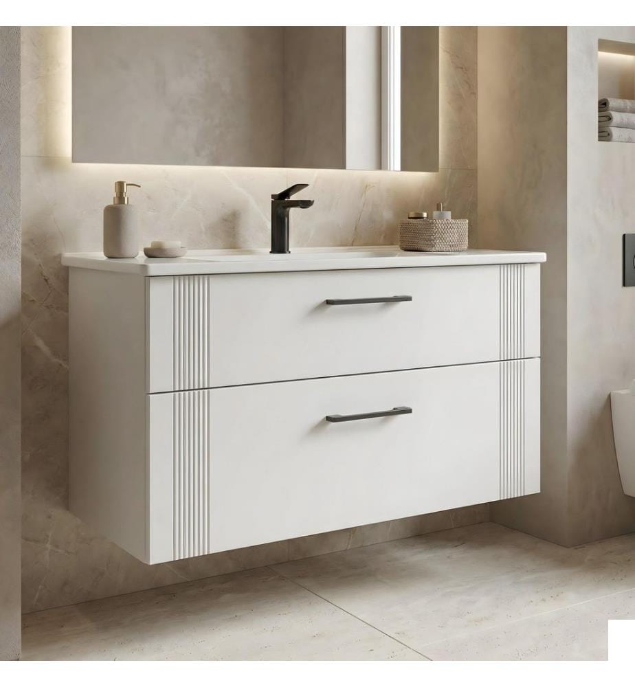 Meuble de salle de bain avec lavabo blanc mat MDF 100 % revêtu de thermomoulage