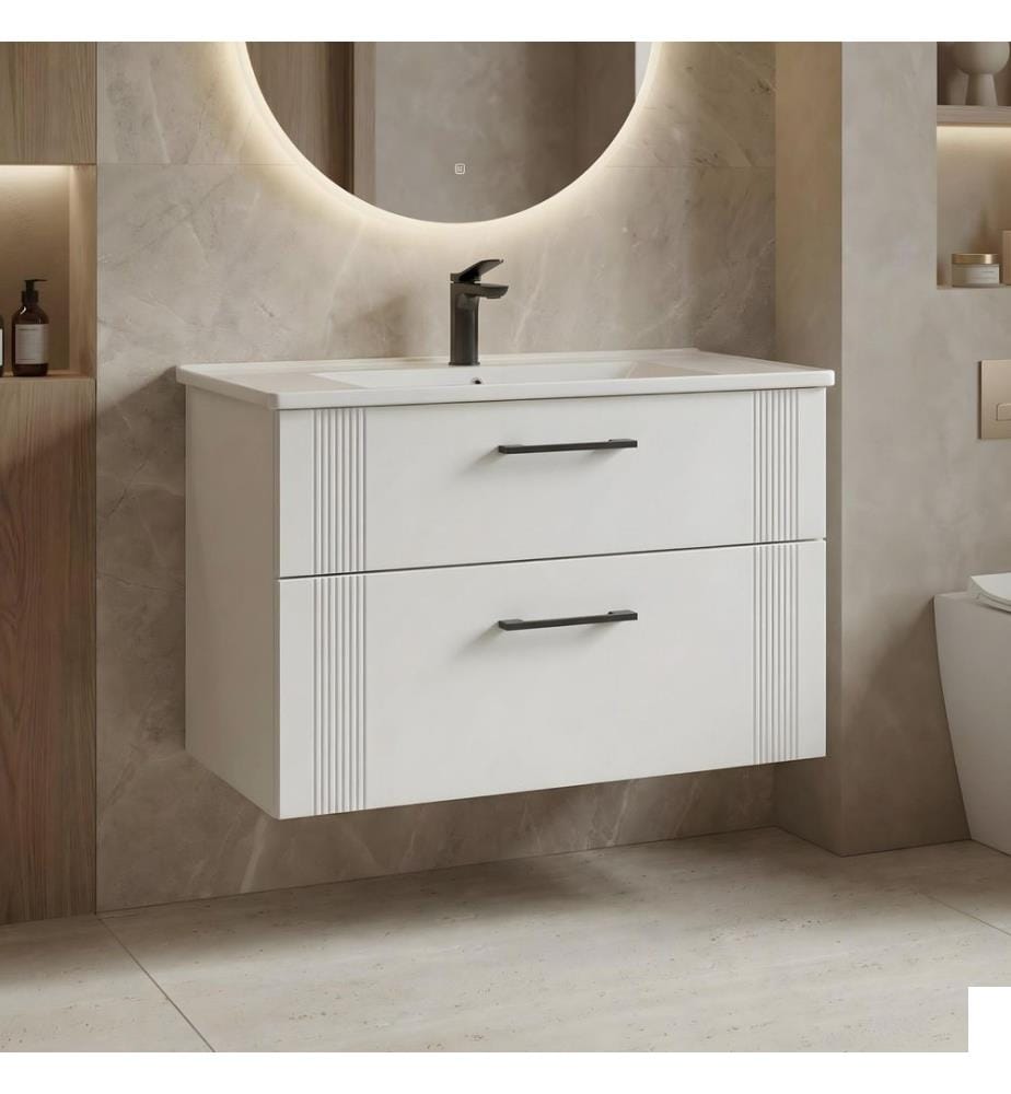 Meuble de salle de bain avec lavabo blanc mat MDF 100 % revêtu de thermomoulage