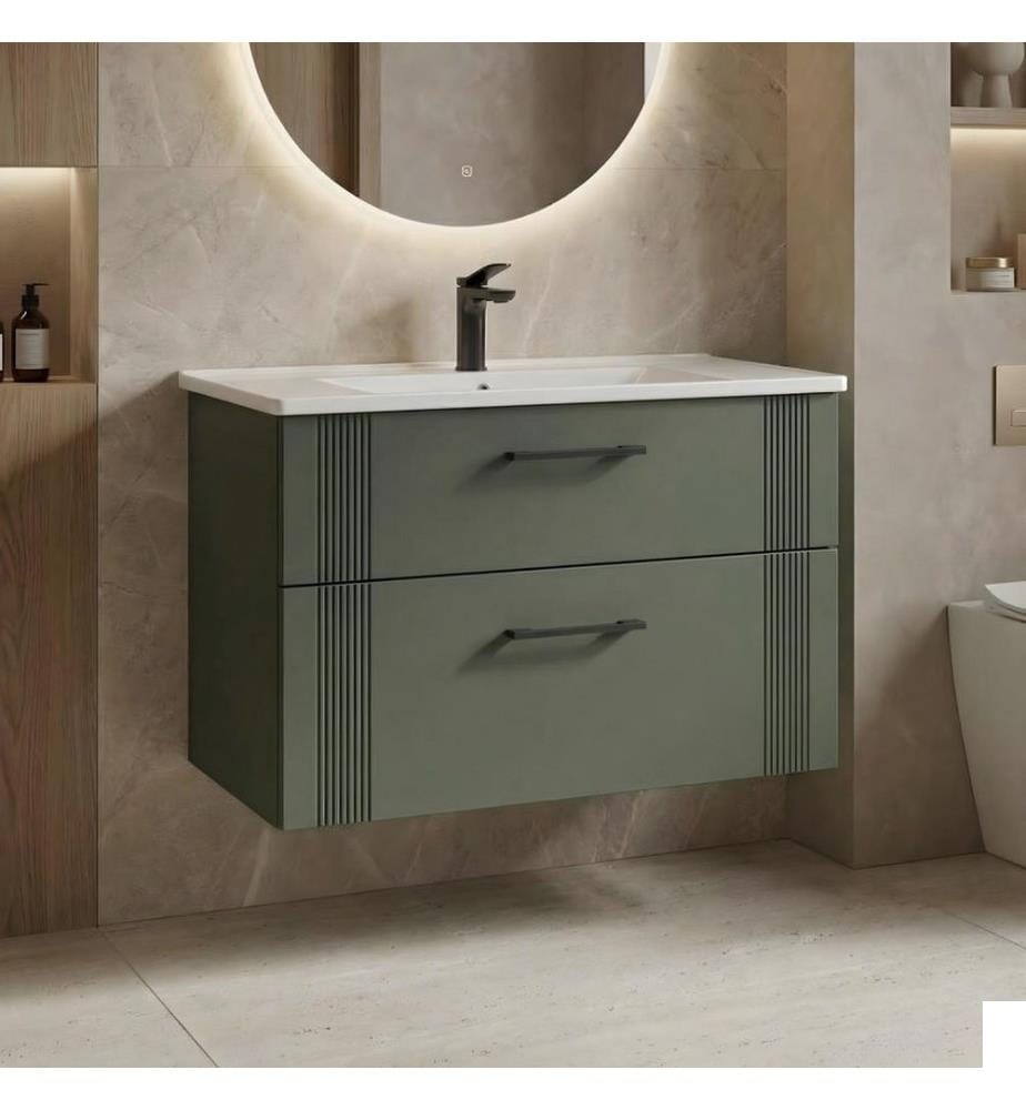 Meuble de salle de bain avec lavabo vert mat MDF 100 % revêtu de thermomoulage