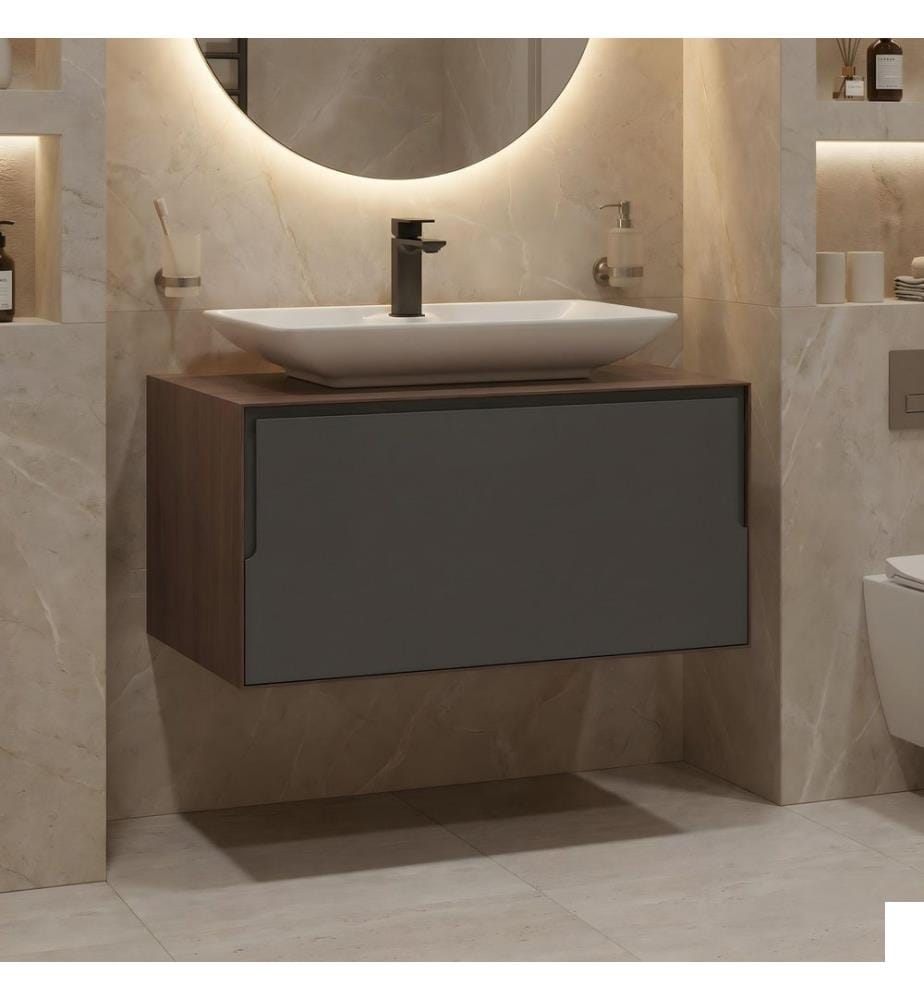 Meuble de salle de bain avec lavabo noyer anthracite 100 % stratifié compact
