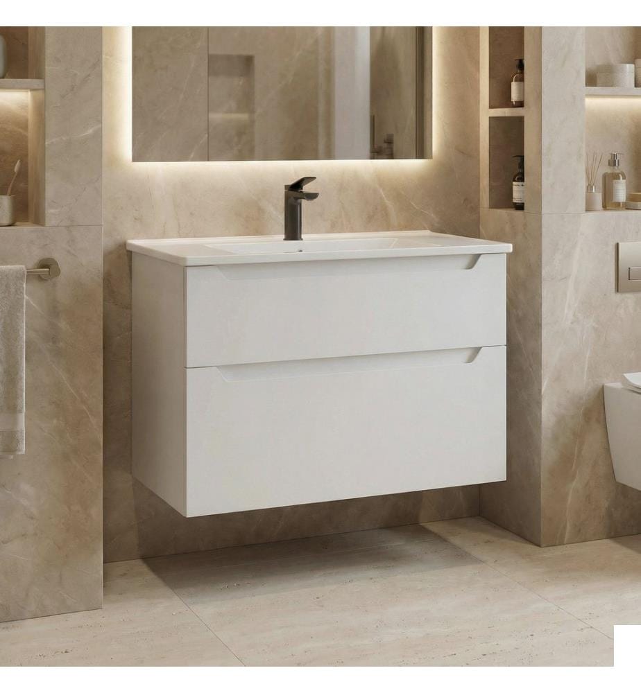 Meuble de salle de bain avec lavabo blanc mat MDF 100 % revêtu de thermomoulage