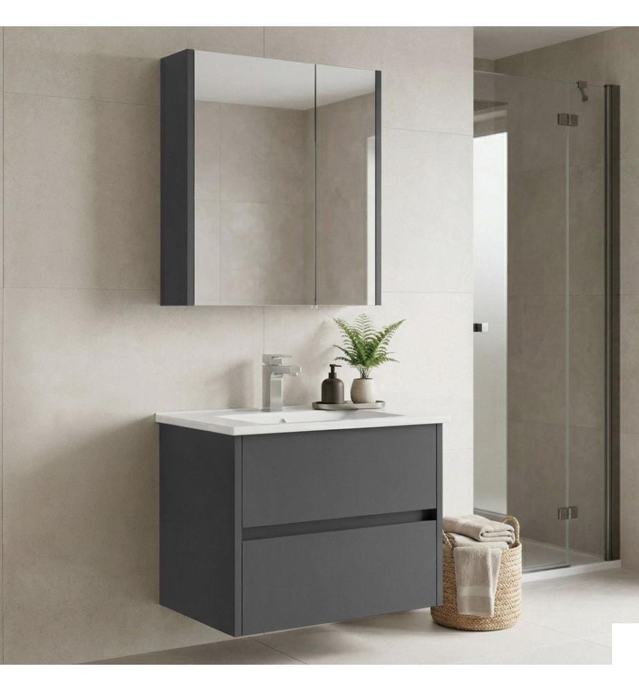 Ensemble meuble de salle de bain avec lavabo et miroir 2 pièces gris MDF PET 100 % brillant