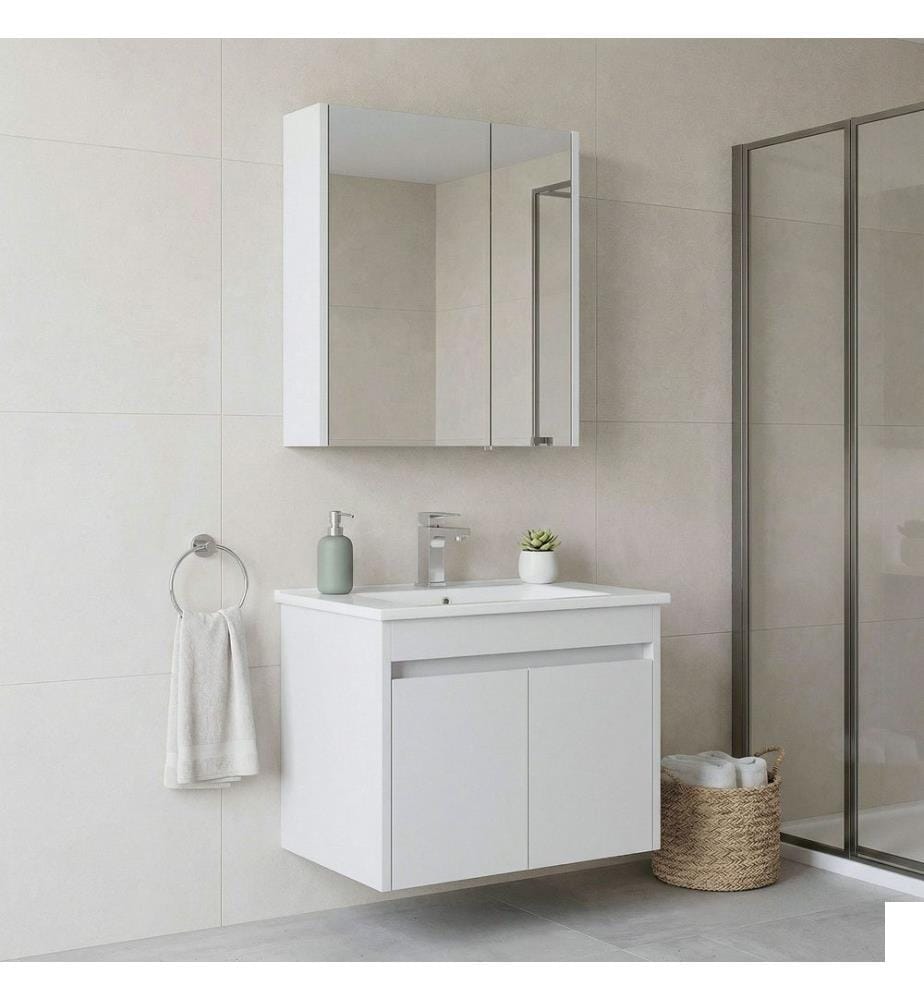 Ensemble meuble de salle de bain avec lavabo et miroir 2 pièces blanc MDF PET 100 % brillant