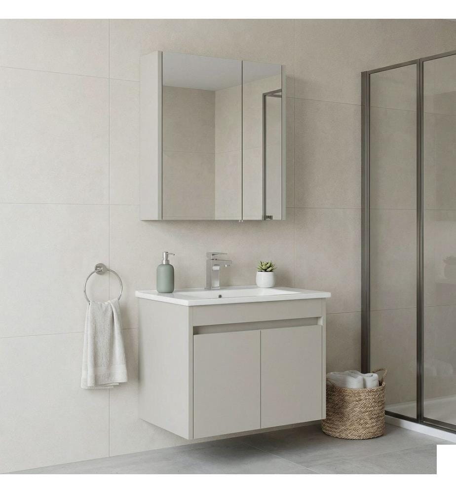 Ensemble meuble de salle de bain avec lavabo et miroir 2 pièces cachemire MDF PET 100 % brillant