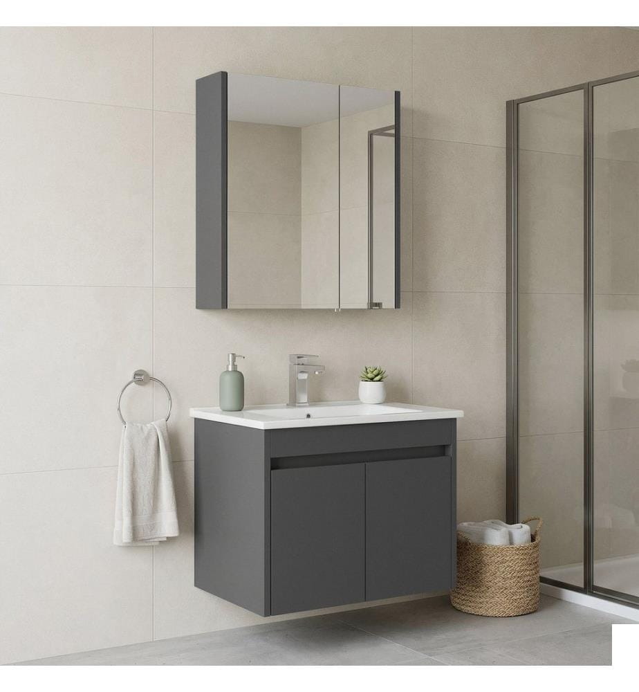 Ensemble meuble de salle de bain avec lavabo et miroir 2 pièces gris MDF PET 100 % brillant