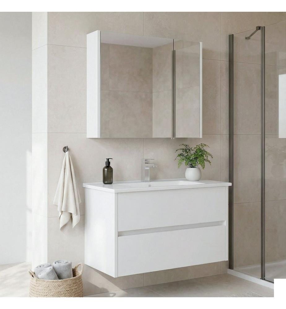 Ensemble meuble de salle de bain avec lavabo et miroir 2 pièces blanc MDF PET 100 % brillant