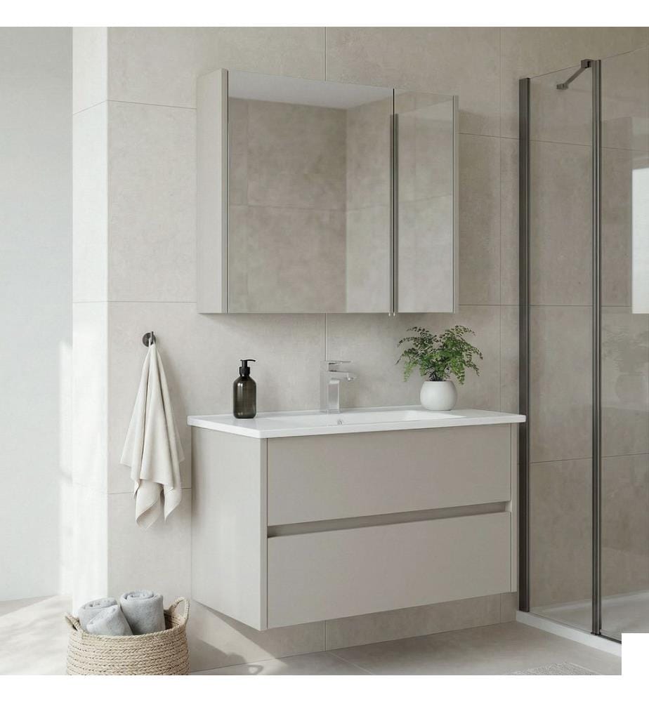 Ensemble meuble de salle de bain avec lavabo et miroir 2 pièces cachemire MDF PET 100 % brillant
