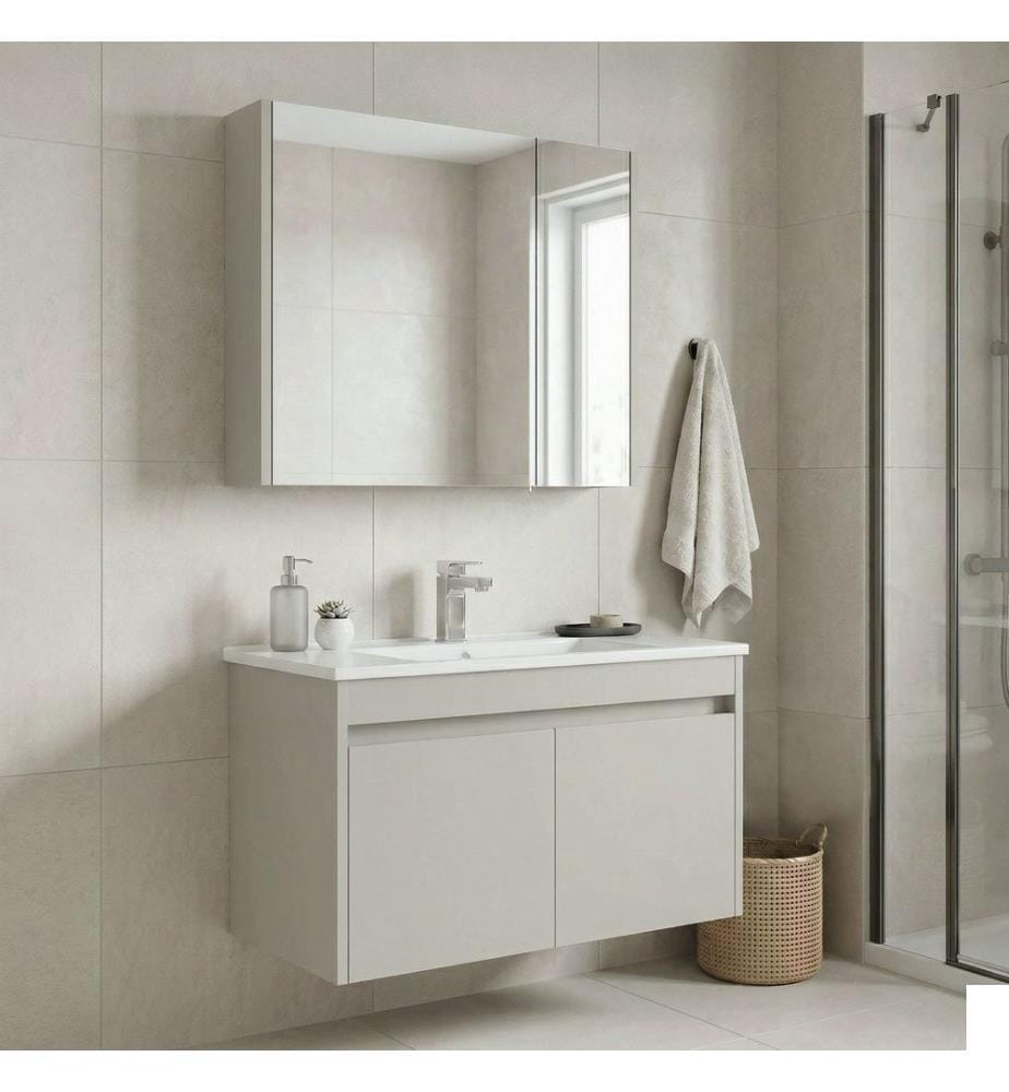 Ensemble meuble de salle de bain avec lavabo et miroir 2 pièces cachemire MDF PET 100 % brillant