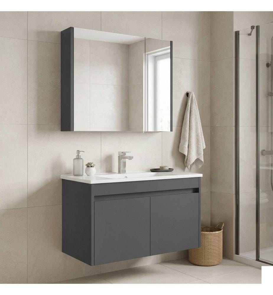 Ensemble meuble de salle de bain avec lavabo et miroir 2 pièces gris MDF PET 100 % brillant