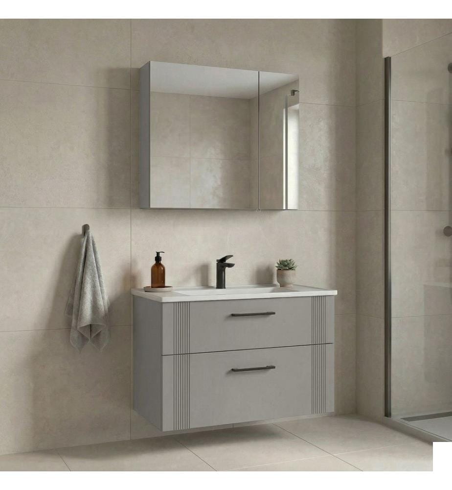 Ensemble meuble de salle de bain avec lavabo et miroir 2 pièces coloris cachemire mat 100 % MDF thermomoulé