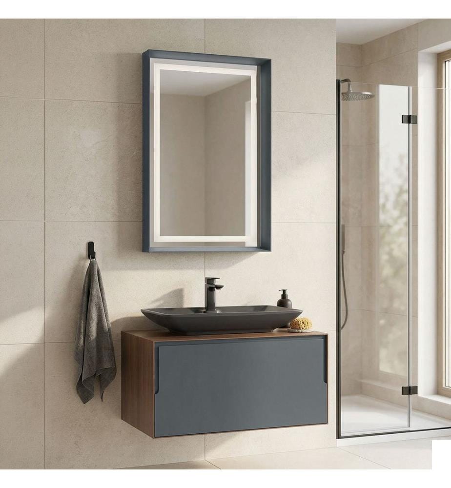 Ensemble meuble de salle de bain avec lavabo et miroir 2 pièces noyer anthracite 100 % stratifié compact