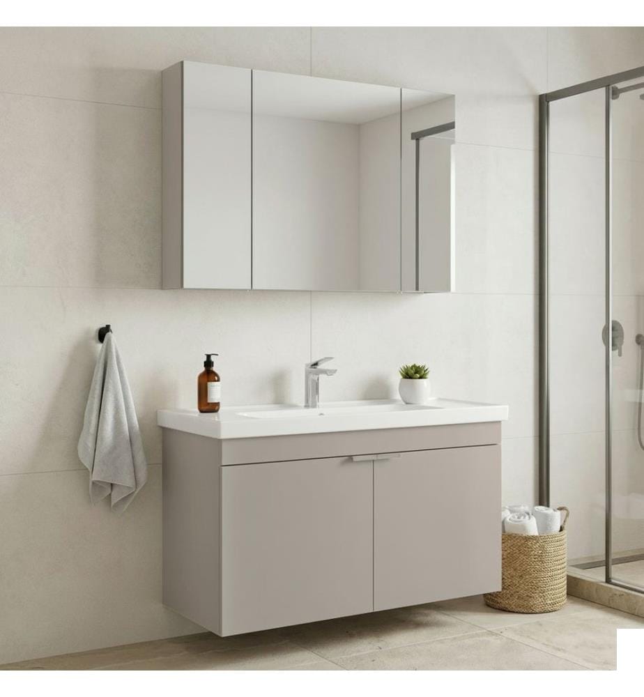 Ensemble meuble de salle de bain avec lavabo et miroir 2 pièces couleur sable 100 % MDF recouvert de mélamine