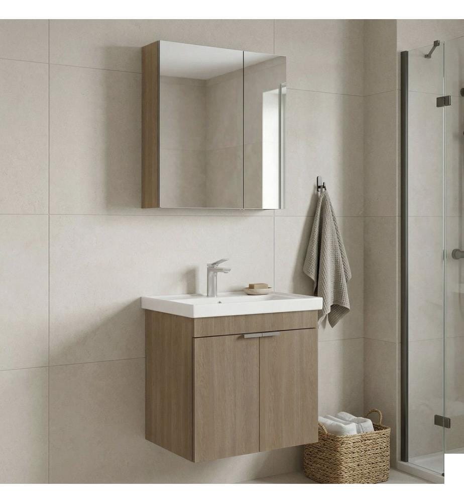 Ensemble meuble de salle de bain avec lavabo et miroir 2 pièces chêne MDF 100 % mélaminé