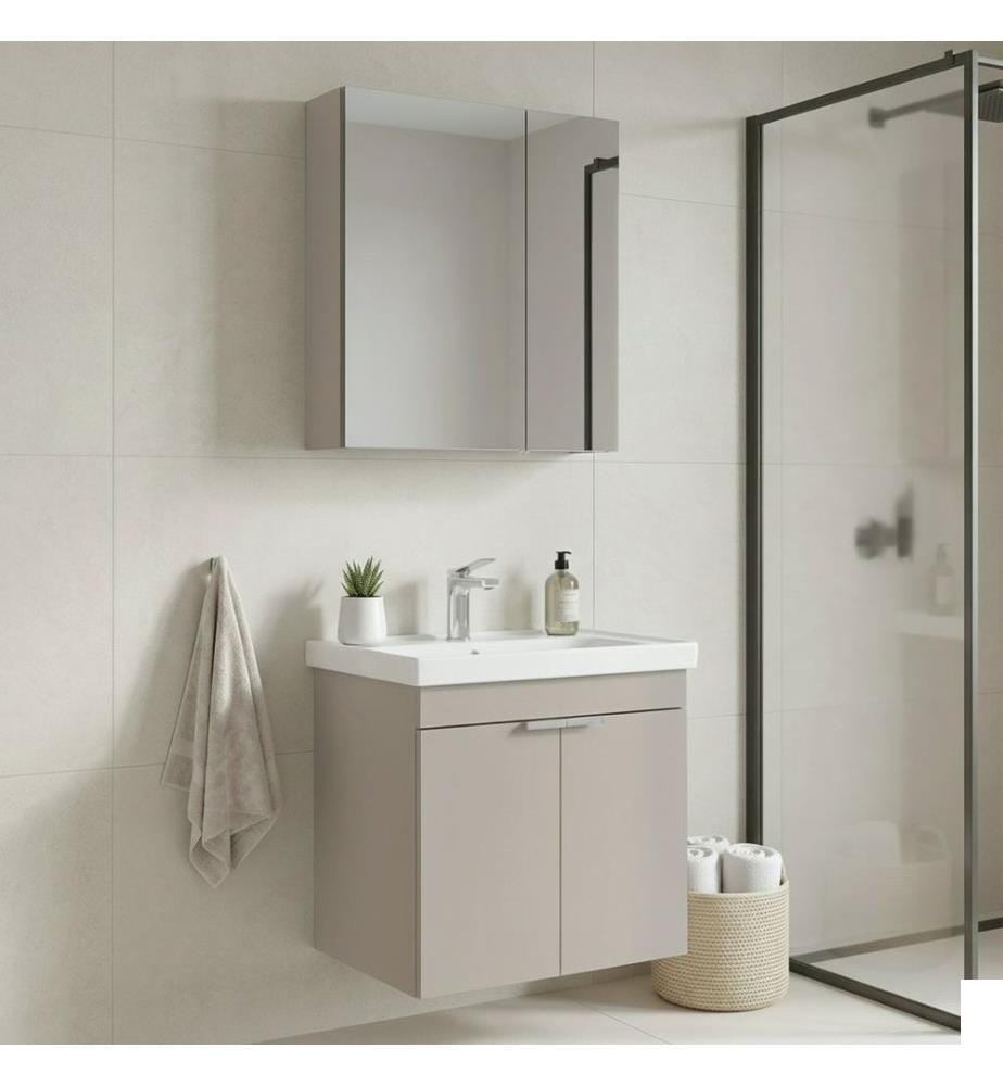 Ensemble meuble de salle de bain avec lavabo et miroir 2 pièces couleur sable 100 % MDF recouvert de mélamine