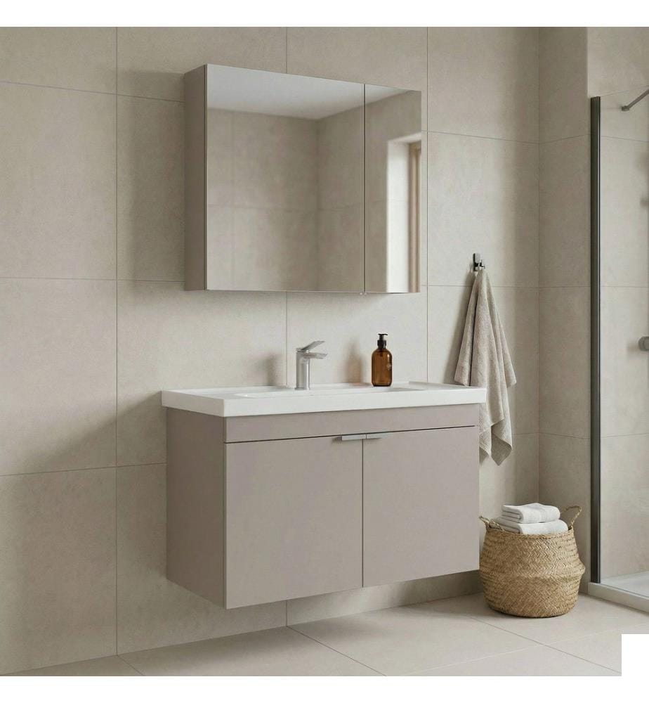 Ensemble meuble de salle de bain avec lavabo et miroir 2 pièces couleur sable 100 % MDF recouvert de mélamine