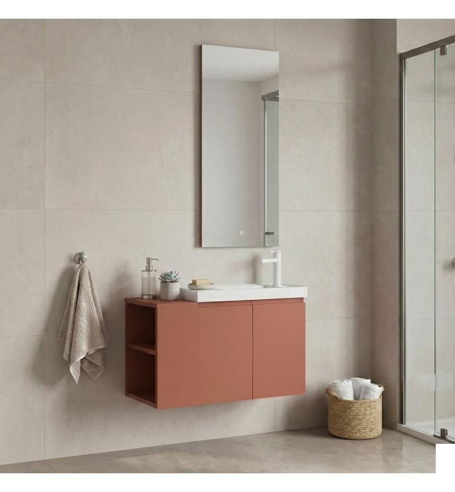 Ensemble meuble de salle de bain avec lavabo et miroir 2 pièces couleur cannelle mate 100 % MDF PET mat